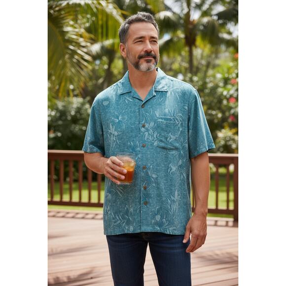 Island Shores Men's Teal Silk Palm Tree Button Down Hawaiian Shirt Size XXL - Picture 1 of 5